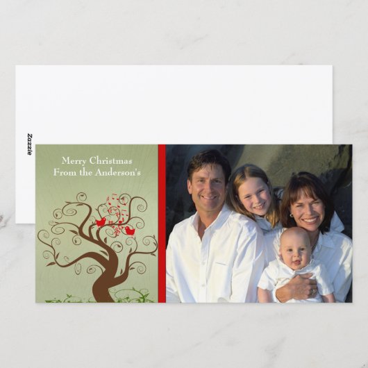 Cute Bird Swirl Tree Wood Gradin Family Photo Card Feestdagenkaart (Voorkant / Achterkant)