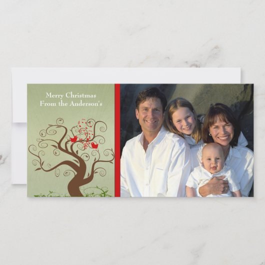 Cute Bird Swirl Tree Wood Gradin Family Photo Card Feestdagenkaart (Voorkant)