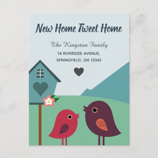 Cute Birds and Bird House Nieuw adres Briefkaart (Voorkant)