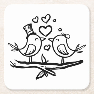 Cute Birds Black White Lovebird Wedding Kartonnen Onderzetters