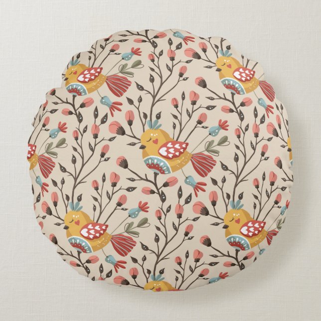 Cute Birds Boho Pattern Rond Kussen (Voorkant)