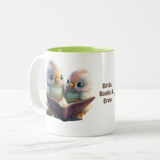 Cute Birds Books & Brew Personalized Tweekleurige Koffiemok (Voorkant links)