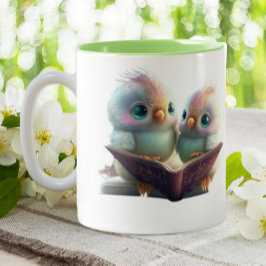 Cute Birds Books & Brew Personalized Tweekleurige Koffiemok