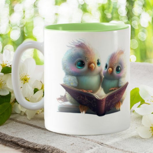 Cute Birds Books & Brew Personalized Tweekleurige Koffiemok