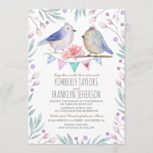 Cute Birds Couple Pink Floral Tree Weddenschap Kaart