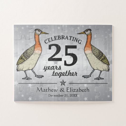 Cute Birds Custom Silver 25th Wedding Jubileum Legpuzzel (Horizontaal)