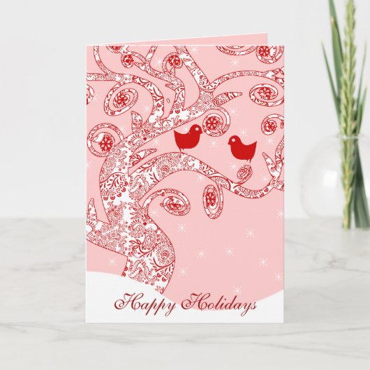 Cute Birds Damask Swirl Tree Stars Prettige feestd Feestdagen Kaart (Voorkant)