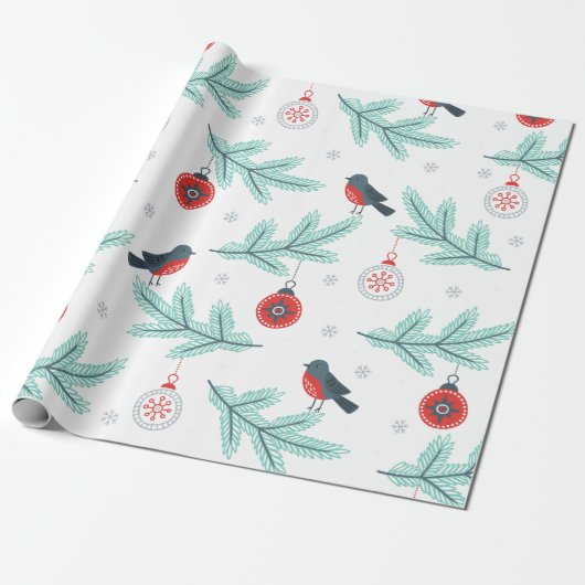 Cute Birds kerstbal & Branches Pattern Cadeaupapier (Uitgerold)