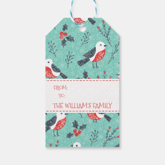 Cute Birds Kerstmis en Branches Pattern Cadeaulabel (Achterkant)