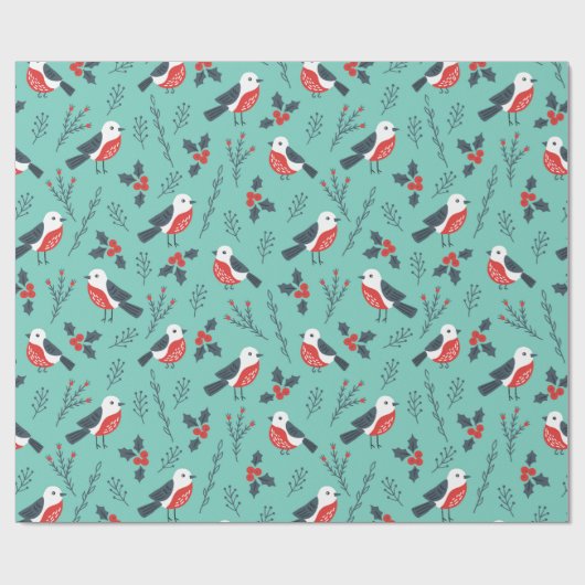 Cute Birds Kerstmis en Branches Pattern Cadeaupapier (Vlak)