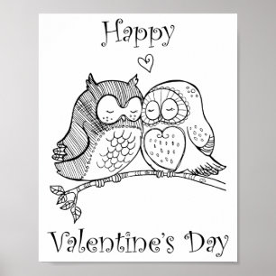 Cute Birds Love Couple Owl Romance Line Art nr. 1/ Poster