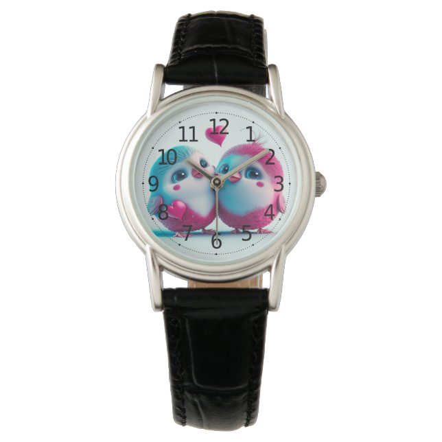 Cute Birds Love Hearts Valentijn Geïnspireerd kuns Horloge (Voorkant)