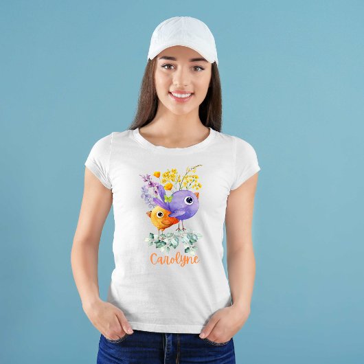 Cute Birds Paarse en Oranje Waterverf Flowers T-shirt
