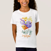 Cute Birds Paarse en Oranje Waterverf Flowers T-shirt (Voorkant)