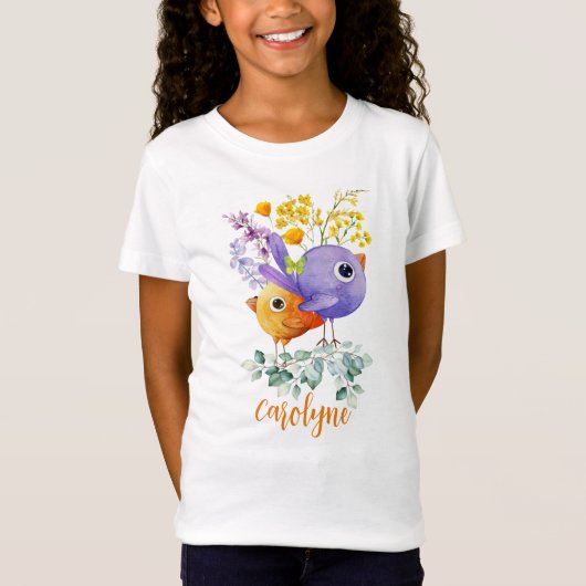 Cute Birds Paarse en Oranje Waterverf Flowers T-shirt (Voorkant)