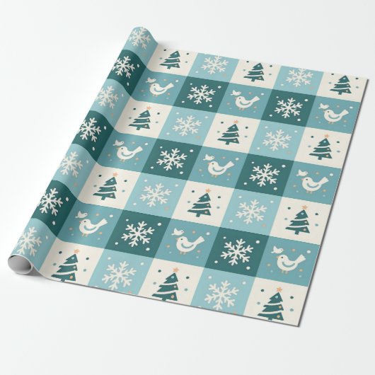 Cute Birds & Snowflakes Christmas Winter Pattern Cadeaupapier (Uitgerold)