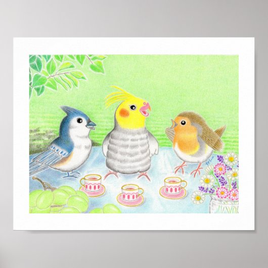 Cute Birds Tea Party Nursery Art Print Poster (Voorkant)
