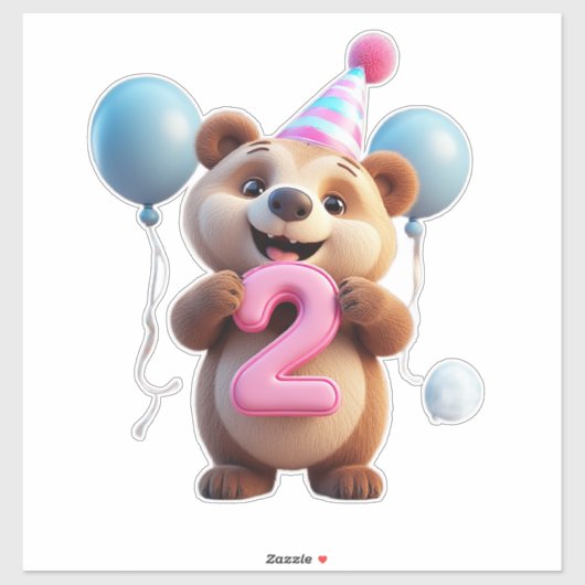 Cute Birthday Bear With Party Hat And Balloons Sticker (Vel)