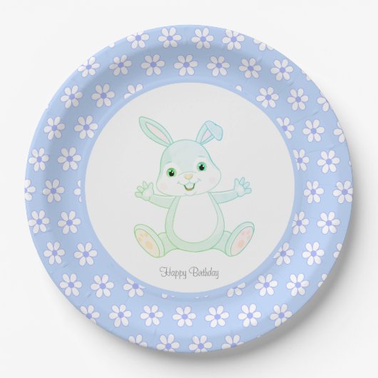 Cute Birthday Bunny & Flowers on Light Blue Papieren Bordje (Voorkant)