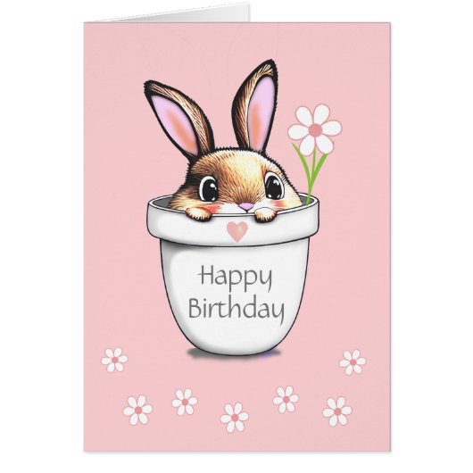 Cute Birthday Bunny & Flowers on Light Pink (Voorkant)