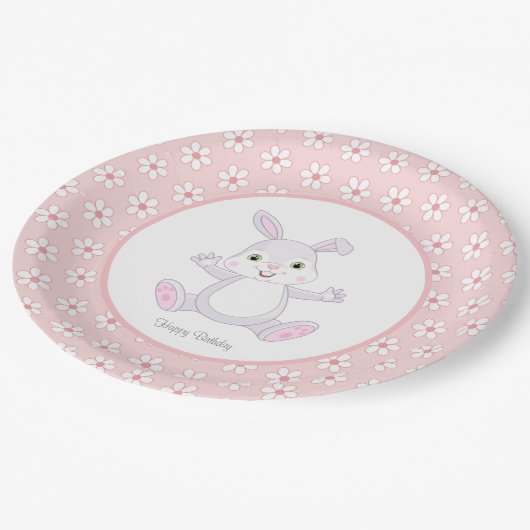 Cute Birthday Bunny & Flowers on Light Pink Papieren Bordje (Gekanteld)