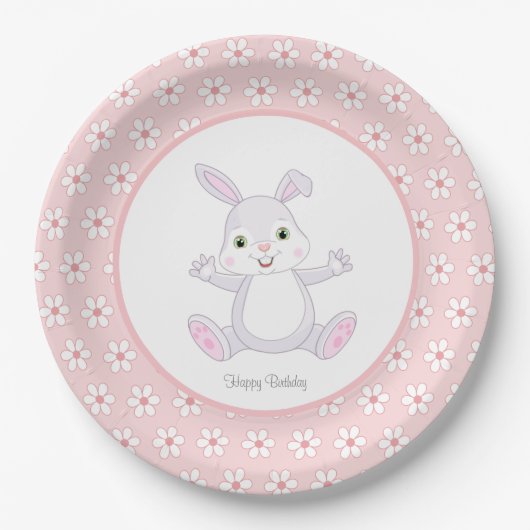 Cute Birthday Bunny & Flowers on Light Pink Papieren Bordje (Voorkant)