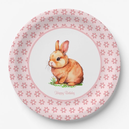 Cute Birthday Bunny & Flowers op lichtroze papier Papieren Bordje (Voorkant)