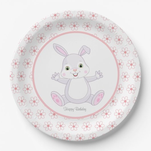 Cute Birthday Bunny & Flowers Papieren Bordje (Voorkant)