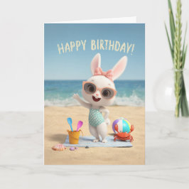 Cute Birthday Bunny in Polka Dot Swimsuit at Beach Kaart