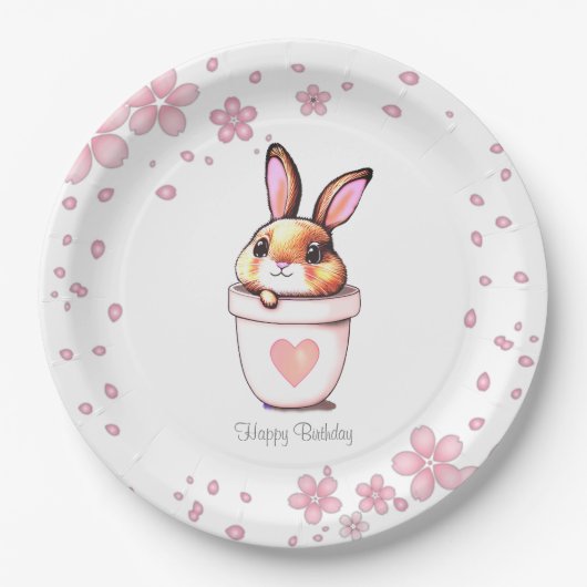 Cute Birthday Bunny Plant Pot & Flowers Papieren Bordje (Voorkant)