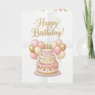 Cute Birthday Card | Pink & Gold Cake Balloons🎉 Kaart
