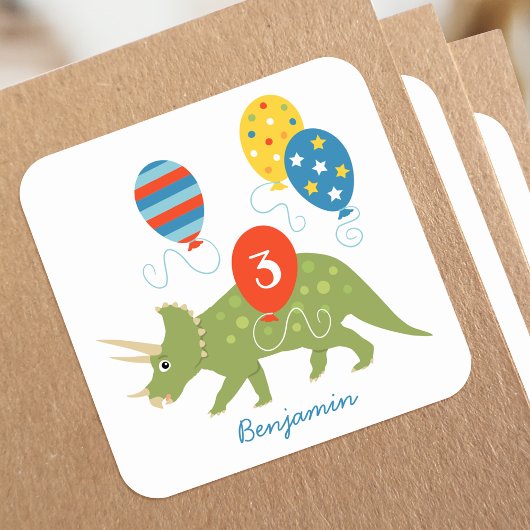 Cute Birthday Dinosaur Triceratops Custom Name Age Vierkante Sticker