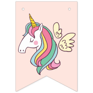 Cute Birthday Doodle Flying Rainbow Unicorn Vlaggetjes