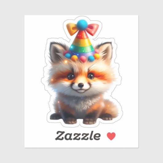Cute Birthday Fox with Rainbow Party Hat Sticker (Vel)