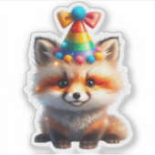Cute Birthday Fox with Rainbow Party Hat Sticker (Voorkant)