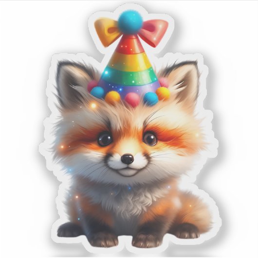 Cute Birthday Fox with Rainbow Party Hat Sticker (Voorkant)