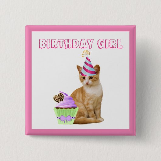 Cute Birthday Girl met Kitty Cat Vierkante Button 5,1 Cm (Voorkant)