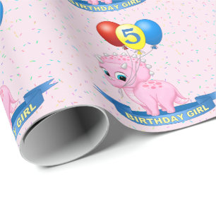 Cute Birthday Girl Pink Baby Triceratops Dino Cadeaupapier