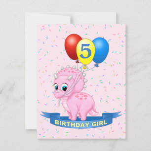 Cute Birthday Girl Pink Baby Triceratops Dino Kaart