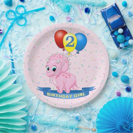 Cute Birthday Girl Pink Baby Triceratops Dino Papieren Bordje (Feest)