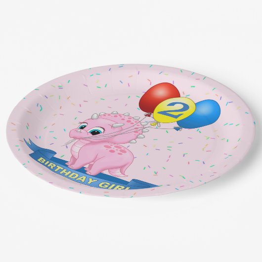 Cute Birthday Girl Pink Baby Triceratops Dino Papieren Bordje (Gekanteld)