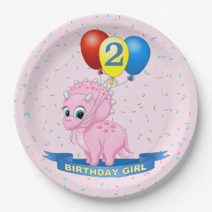 Cute Birthday Girl Pink Baby Triceratops Dino Papieren Bordje