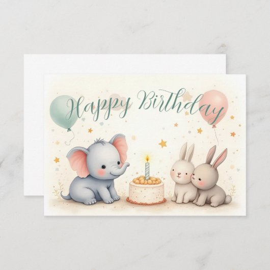 Cute Birthday Greeting with Animal Friends (Voorkant / Achterkant)