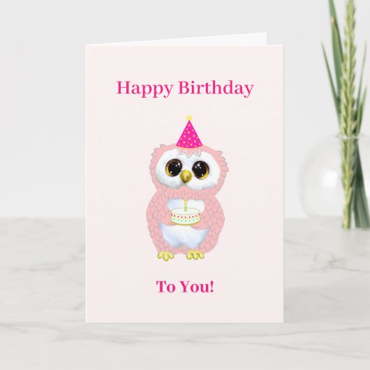 Cute Birthday Owl Wishes op Light Roze Kaart (Voorkant)