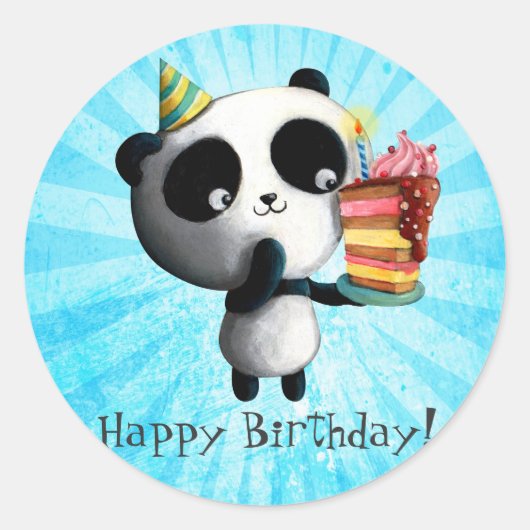 Cute Birthday Panda met Cake Ronde Sticker (Voorkant)