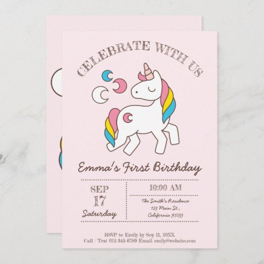 Cute Birthday Rainbow Unicorn Kaart (Voorkant / Achterkant)