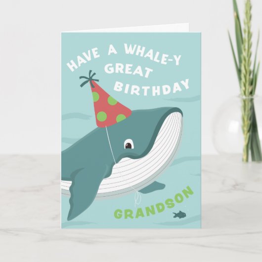 Cute Birthday Whale in Party pet for Grandson Kaart (Voorkant)