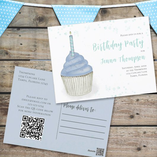 Cute Birthday Whimsical Blue Cupcake QR Code Briefkaart