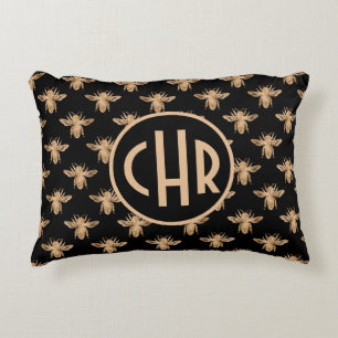 Cute Black and Gold Queen Bee Monogram Accent Kussen
