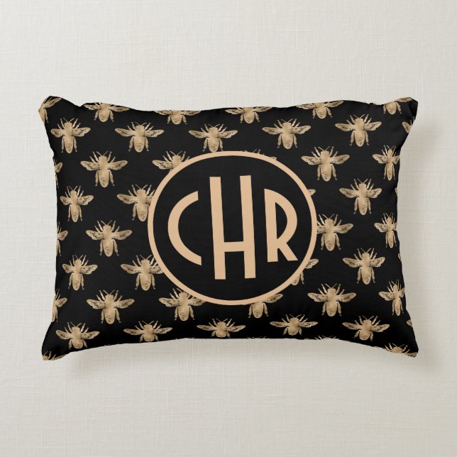 Cute Black and Gold Queen Bee Monogram Accent Kussen (Voorkant)